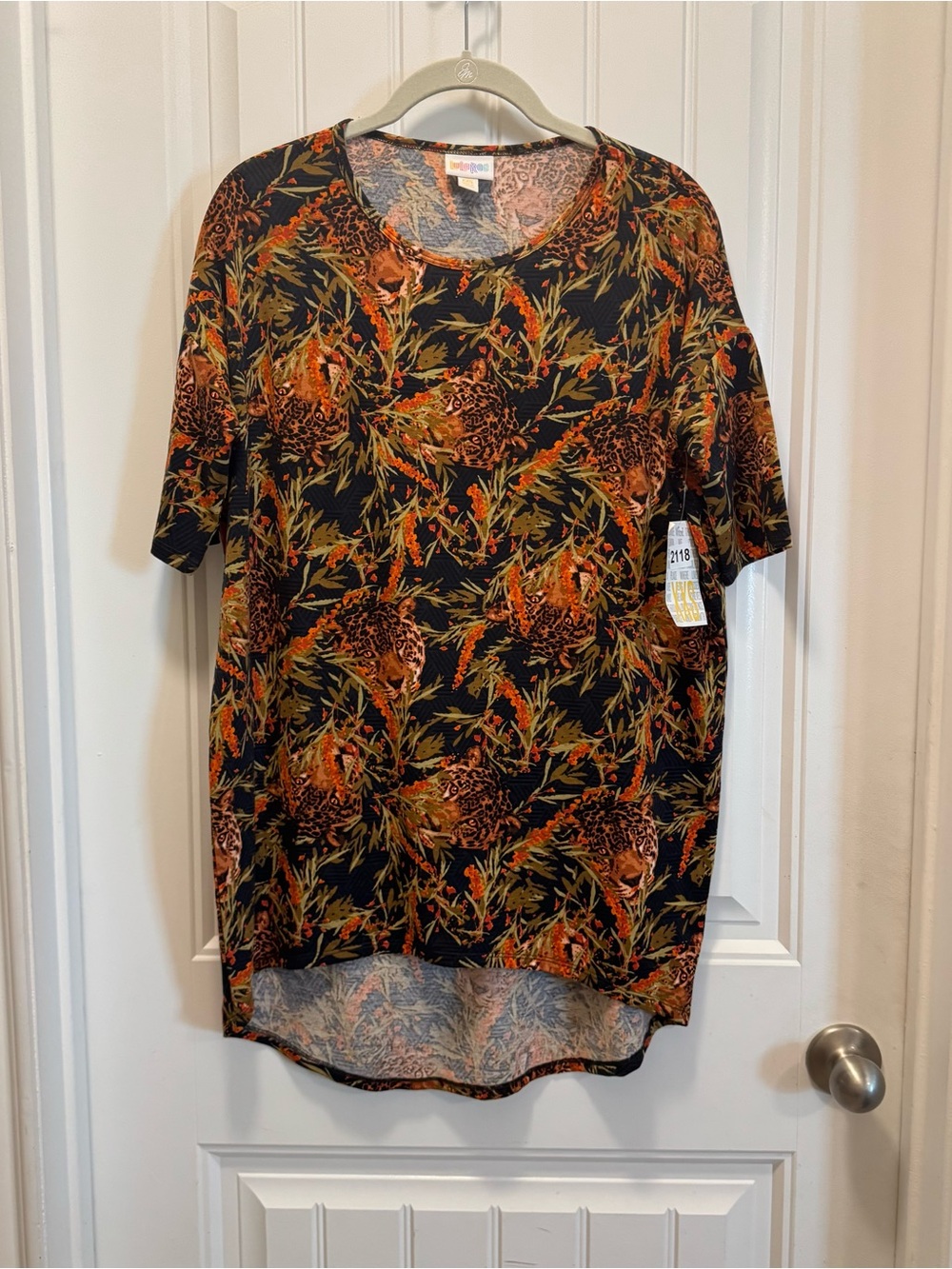 NWT Lularoe Irma Tunic Orange Leopard Print Safari High Low Short Sleeve Sz XXS